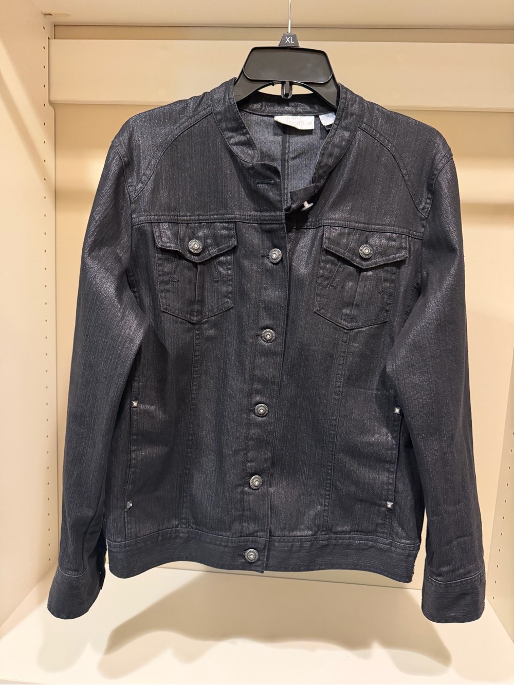 Chico's Black Shimmer Denim-Style Button Jacket. (Chico’s Sz 2 fits like sz 12)